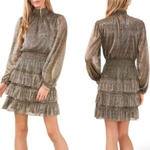 1. State Long Sleeve Mock Neck Ruffle Skirt Gold Black Floral Mini Dress Large